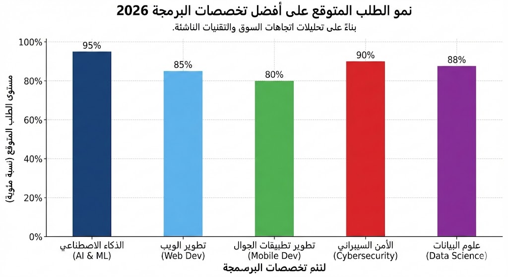 رسم بياني يوضح نمو الطلب على أفضل تخصصات البرمجة 2026